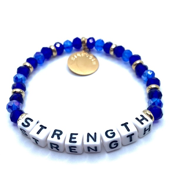 Strength Beaded Stretch Word Bracelet Blue Gold Tone - Picture 4 of 4